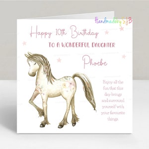 Carte d'anniversaire cheval personnalisée, tout âge/relation/nom, carte de voeux pour bébé fille/fille/petite-fille/soeur/nièce, 6 x 6 po.