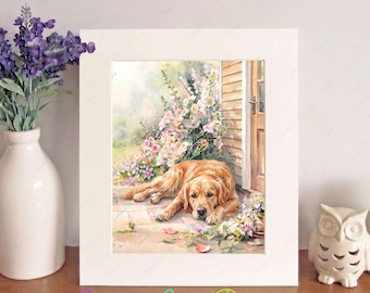 Golden Retriever Watercolour Print in a Free-Standing 10" x 8" Picture Mount, Birthday/Christmas/New Home Gift, Dog Wall Art, Home Decor