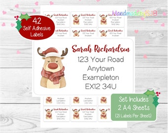 Reindeer/Rudolph Personalised Address Labels, 42 Custom Christmas Return Stickers, Fun Set Includes 2 A4 Sheets (21 per sheet)