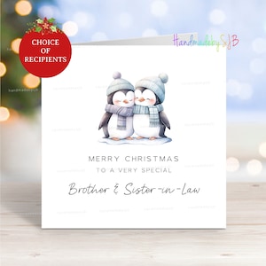 Belle-frère et belle-soeur/sa petite amie/sa fiancée carte de Noël, joyeux Noël à un frère spécial, couple de pingouins, 6 x 6 po, blanc à l'intérieur