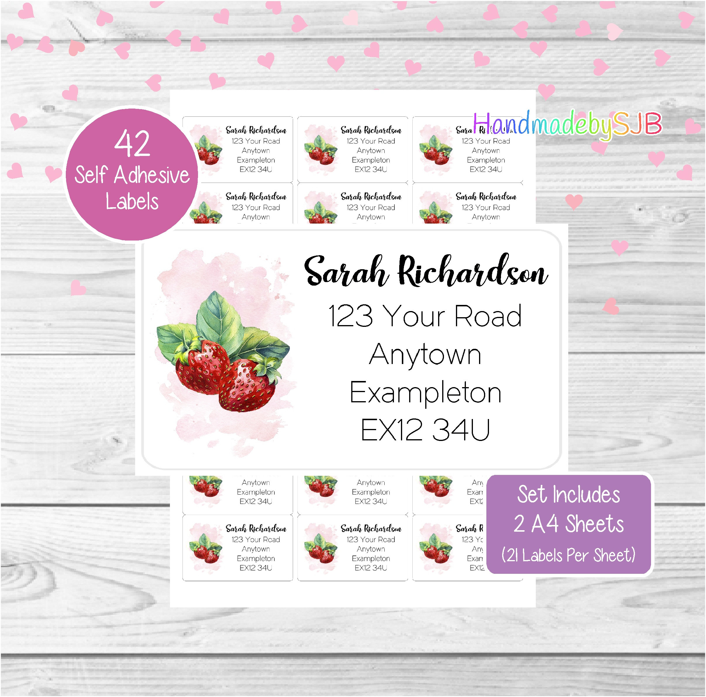 Strawberry Fruit Personalised Address Labels, 42 Custom Return Stickers, Lovely Set Includes 2 A4 Sheets (21 per sheet)