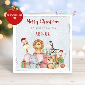 Personalisierte Safari Tiere Weihnachtskarte, jede Beziehung, Junge / Mädchen / Sohn / Tochter / Enkel / Enkelin / Nichte / Neffe / Bruder / Schwester