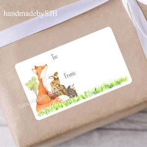 Étiquettes cadeaux Animaux de la forêt, 21 étiquettes autocollantes (1 feuille A4), finition mate, 2,5 x 1,5 po. Autocollants pour cadeau d'anniversaire/sac de fête