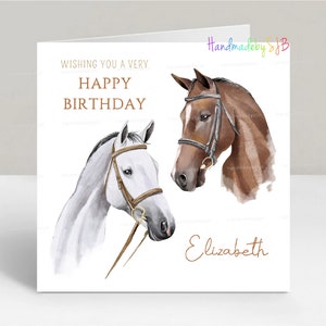 Gepersonaliseerde verjaardagskaart paard, prachtige paardenkoppen, verjaardagskaart paardrijden, personaliseren met elke naam/leeftijd, 6 x 6 inch blanco binnenkant
