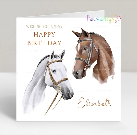 Carte d'anniversaire cheval personnalisée, belles têtes de cheval, carte d' anniversaire équitation, à personnaliser avec n'importe quel nom/âge, 6 x 6  po, blanc à l'intérieur -  France
