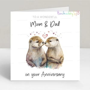 Maman et papa joyeux anniversaire carte, sur votre carte de voeux d'anniversaire, jolie image sentimentale de loutre, 6 x 6 po, blanc à l'intérieur