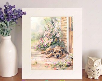 Border Terrier Watercolour Print, Free-Standing 10" x 8" Picture Mount, Dog Wall Art, Birthday/Christmas/New Home Gift, Home Decor