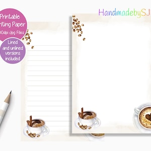 May include: Printable lined and unlined writing paper with a coffee cup and coffee beans design. 300dpi jpg files. Handmade by SJB.