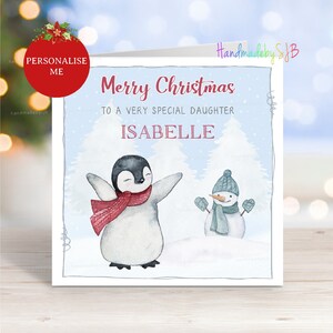 Carte de Noël personnalisée pingouin, toute relation/nom, 6 x 6 po., vierge à l'intérieur, pour fille/petite-fille/filleul/sœur/nièce/amie