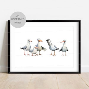 Möwe Druck, Lustige Möwe Wandkunst, Lustiges Vogel Bild, A4 Druck, Komödie Seaside Themen Bild, Rahmen Nicht Enthalten