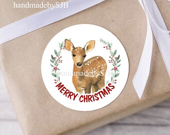 24 Deer Christmas Stickers, 40mm (1.5 inches), Matt Finish, A4 Sheet, Fun Round Labels For Envelope Seals/Presents