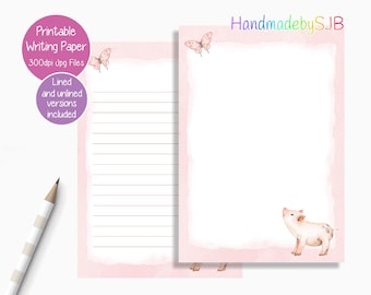 Pig Printable Writing Paper/Digital Download Note Paper/Instant Download A5/US Letter Paper/Downloadable Stationery Set/Farm Animal Gift