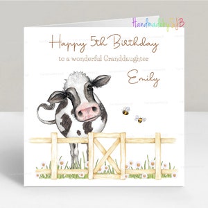Cartão de aniversário de vaca personalizado, qualquer idade/relação, quadrado de 6" x 6", em branco por dentro, ótimo para filho/filha/neta/irmã/sobrinha/amigo