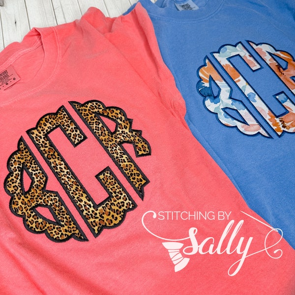 Large Cheetah Print Monogram Appliqué, Adult Comfort Colors Unisex Shirt, Scallop Monogram, Gift for her