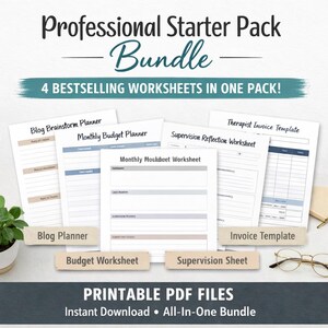 Pode incluir: Um pacote de arquivos PDF imprimíveis intitulado "Professional Starter Pack Bundle". A imagem mostra quatro planilhas: um Blog Brainstorm Planner, um Monthly Budget Planner, uma Supervision Reflection Worksheet e um Therapist Invoice Template.