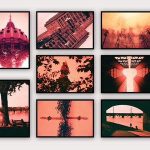 Conjunto de cartões postais 4x6 (8 cartões) Paint the Town Red - Paisagens e fotos de Harrisburg, Pensilvânia em Redscale