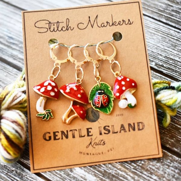 Mushrooms and ladybug stitch markers, set of four with clasps.