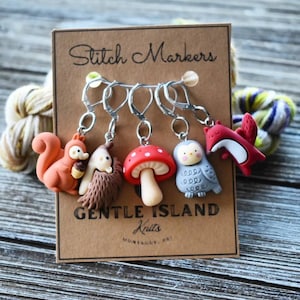 Woodland stitch markers, set of five with clasps or rings.