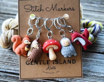 Woodland stitch markers, set of five with clasps or rings.