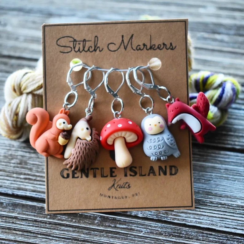 Woodland stitch markers set of five with clasps or rings. image 1