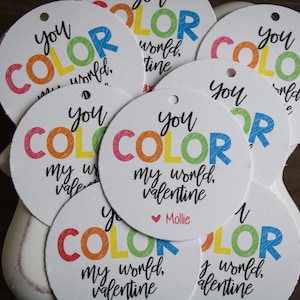 You color my world Valentine • Valentine Tags • Party Favor Tags • Crayon Valentine • Colorful • Valentine’s Day