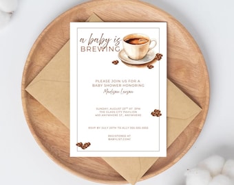 Uitnodiging voor babyshower met koffie brouwen — bewerkbare canva-sjabloon | Direct downloaden