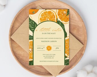 May include: Baby shower invitation with an orange slice design. The invitation reads "a little cutie is on the way!" and includes details for Madison Larson's baby shower, including the date, time, and location.