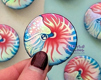 Nautilus Badge Pin Back Button Holographic | Chambered Nautilus Accessories Cephalopod Sea Life Gifts