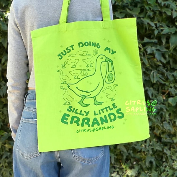 Silly Little Errands Goose Tote Bag | Screen Printed Long Handled Shoulder Shopping Bag 100% Cotton Lime Green