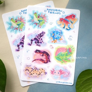 Feuille d'autocollants A6 en vinyle imperméable mat | Agenda Amphibian Friends, Bullet Journal, Stickers Scrapbook | Stickers mignons pour ordinateur portable