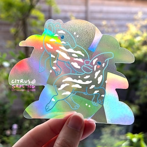 May include: Holographic sticker with two cartoon tapirs, cloud shapes, and stars. The sticker has a rainbow gradient effect and the text "CITRUS SAPLING" and "citrussapling.com".
