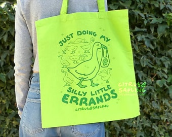 Silly Little Errands Goose Tote Bag | Screen Printed Long Handled Shoulder Shopping Bag 100% Cotton Lime Green