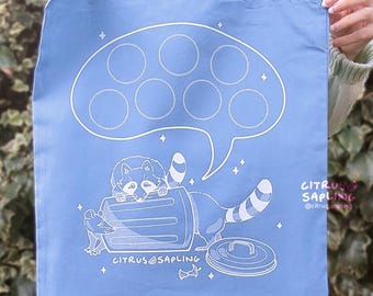 Raccoon Tote Bag, Pin Inventory Tote Bag, Screen Printed Long Handled Shoulder Shopping Bag 100% Cotton Sky Blue