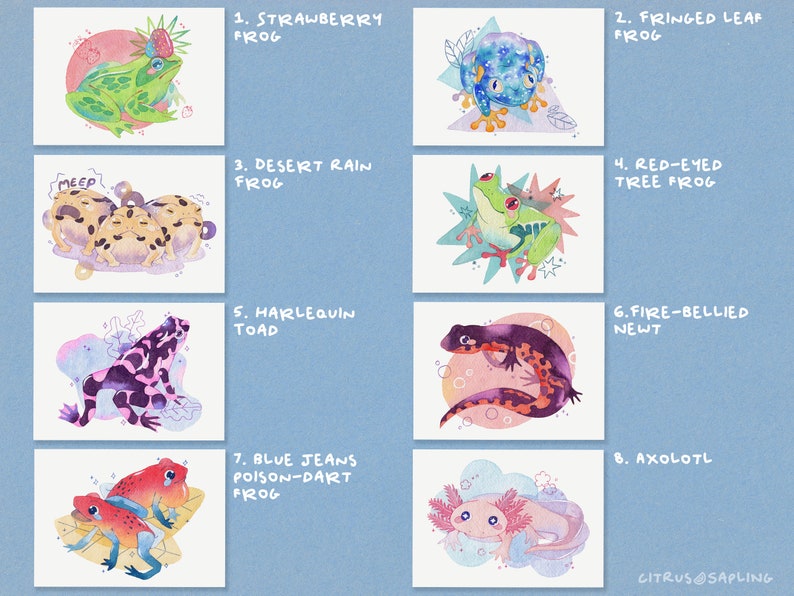 May include: A collection of eight watercolor illustrations of different amphibians and reptiles, including a strawberry frog, a fringed leaf frog, a desert rain frog, a red-eyed tree frog, a harlequin toad, a fire-bellied newt, a blue jeans poison-dart frog, and an axolotl. Each illustration is set against a colorful background and features unique details.
