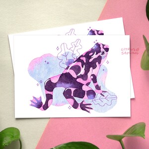 May include: A watercolor illustration of a pink and purple frog with black spots sitting on a leaf. The frog is surrounded by a blue and pink watercolor background with white stars.