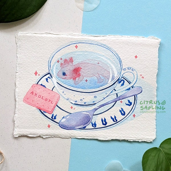 Axolotl Teacup Original Watercolour Painting | Mini One-of-a-Kind Nature Wildlife Art