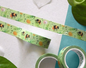 Bumblebee Dandelion Washi Tape | Cute Bees Floral Foliage | Planner Journal Scrapbook Stationery Tape