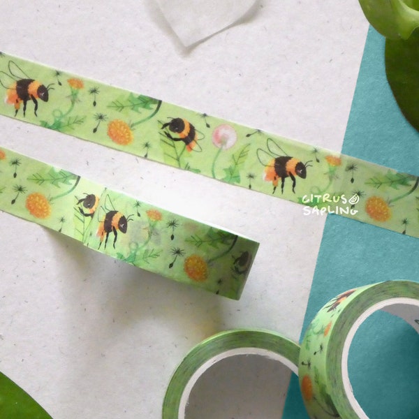 Bumblebee Dandelion Washi Tape | Cute Bees Floral Foliage | Planner Journal Scrapbook Stationery Tape