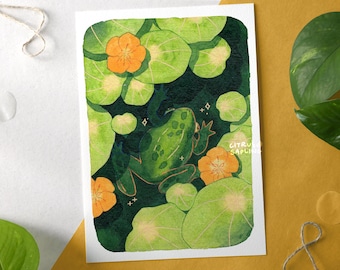 Nasturtium Frog Art Print A4 or A5 Illustrated Poster | Summer Amphibian Floral Watercolour Painting