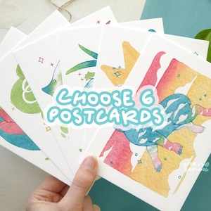 Paquete de 6 postales con tu propia elección, impresiones artísticas pequeñas ilustradas tamaño A6, paquete múltiple de tarjetas para amigos por correspondencia por correo postal