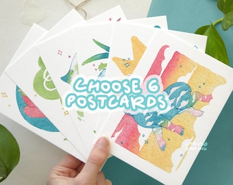 6pcs Choose Your Own Postcard Bundle | A6 Illustrated Small Art Prints | Snail Mail Pen Pal Card Multi Pack