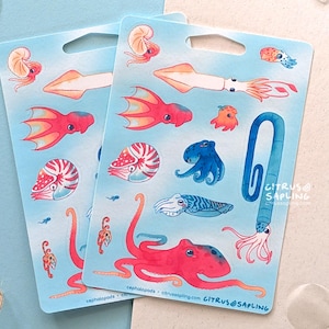 Puede incluir: Dos hojas de pegatinas con ilustraciones coloridas de varios cefalópodos, incluyendo pulpos y calamares. Las pegatinas están sobre un fondo azul claro y tienen un pequeño agujero en la parte superior. El texto "CITRUS SAPLING" es visible en el lado derecho.