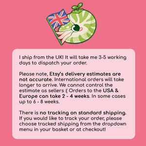 May include: A pink background with a cartoon illustration of a green and white creature holding a Union Jack flag. Text on a white rectangle states that the seller ships from the UK and provides shipping information.