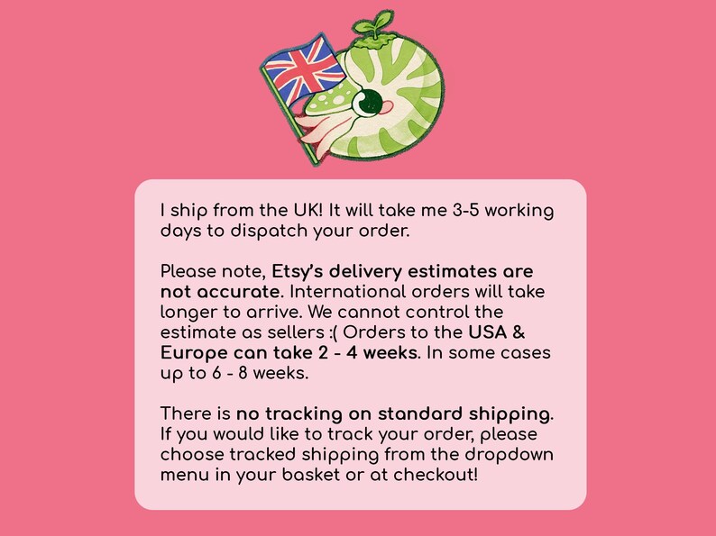 May include: A pink background with a cartoon illustration of a green and white creature holding a Union Jack flag. Text on a white rectangle states that the seller ships from the UK and provides shipping information.