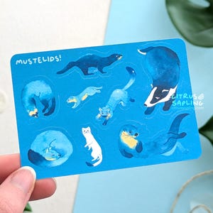 Pode incluir: Uma folha de adesivos azul com ilustrações em aquarela de vários mustelídeos, incluindo lontras, texugos e doninhas. A palavra "MUSTELIDS!" está impressa em branco no topo. A folha de adesivos é segurada por uma mão.