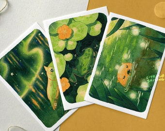 Cartes postales de la faune d'été A6 Illustrated Small Art Prints Set | Cartes de correspondance mignonnes grenouille loutre hibou