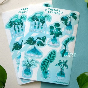 Hoja de pegatinas de renacuajos y plantas de interior (vinilo mate impermeable o papel reciclado) para planificadores, amigos por correspondencia y álbumes de recortes.