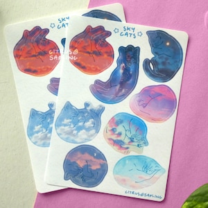 Feuille d'autocollants Sky Cats, vinyle imperméable ou papier recyclé | Stickers déco pour agenda, ordinateur portable, scrapbooking