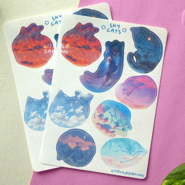 Hoja de pegatinas de gatos del cielo (vinilo impermeable o papel reciclado) para planificadores, portátiles y álbumes de recortes.