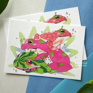 Cartão postal de pilha de sapo de árvore de salada de frutas A6 ilustrado com impressão de arte pequena | Cartão de amigo por correspondência de caracol
